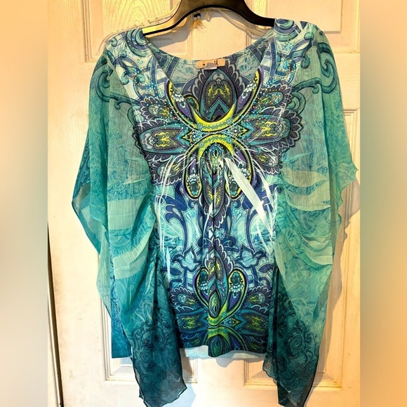 NWOT One World Knit Top With Butterfly Style Chiffon Sleeves - Picture 1 of 7